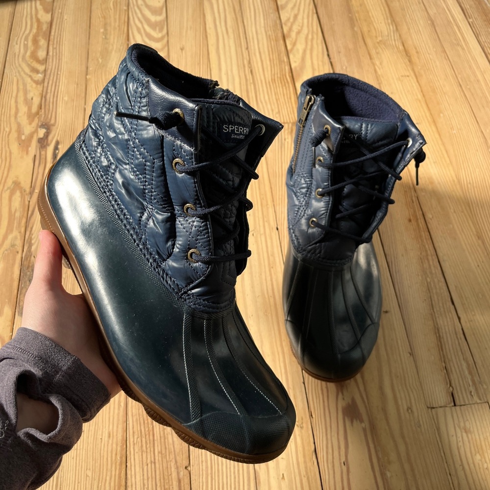 Sperry Saltwater Duck Boots Womens 11 Navy Blue Quilted Waterproof Rain Winter